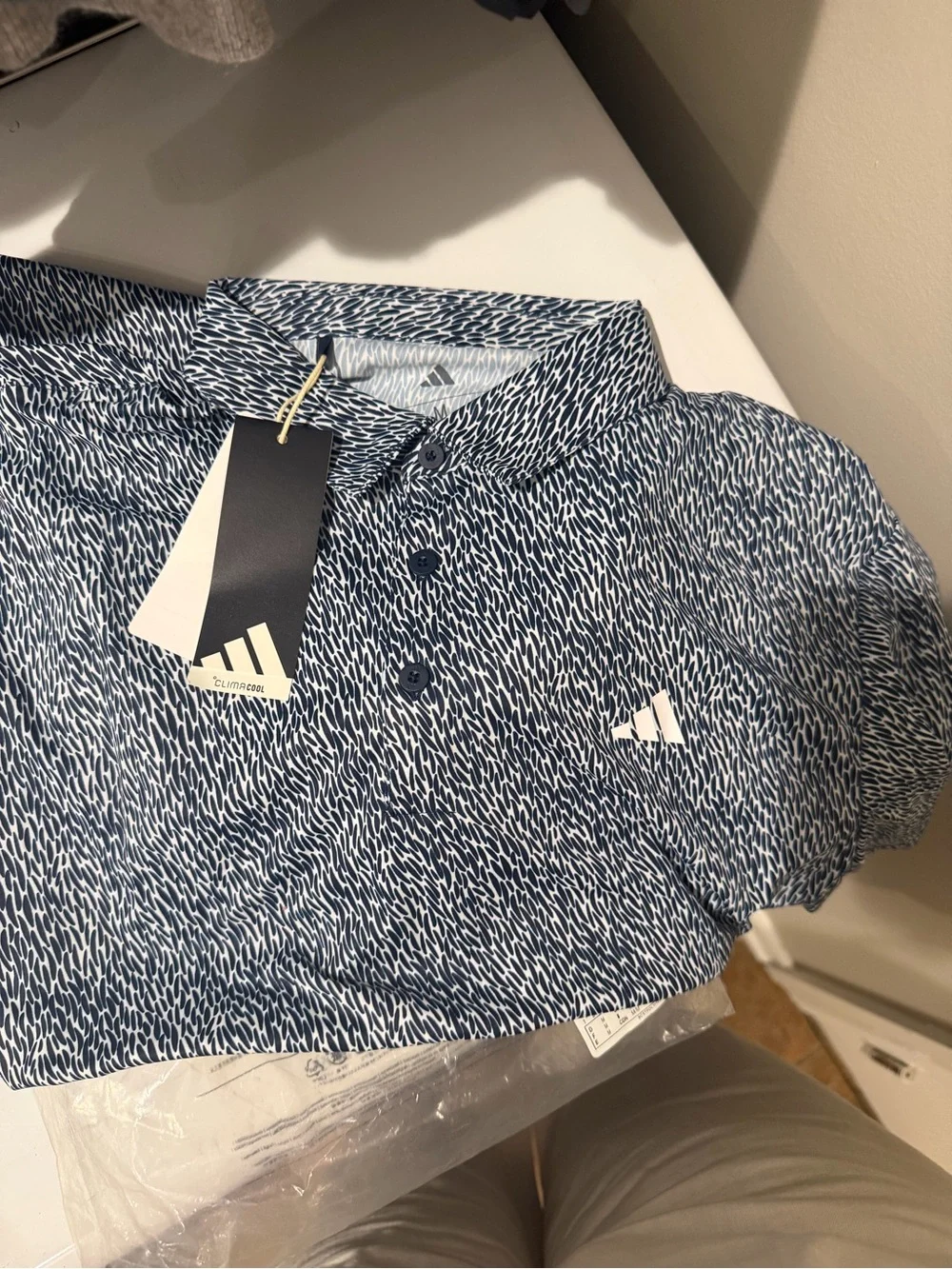adidas Men's Blue White Pattern performance golf polo